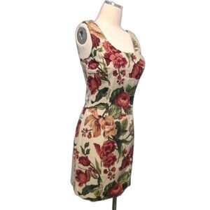 Vintage 90s Rampage Bold Floral Woven Wiggle Dress S B36 Beige